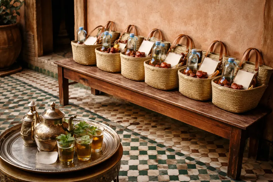 Illustration: guest welcome baskets and a mint tea tray