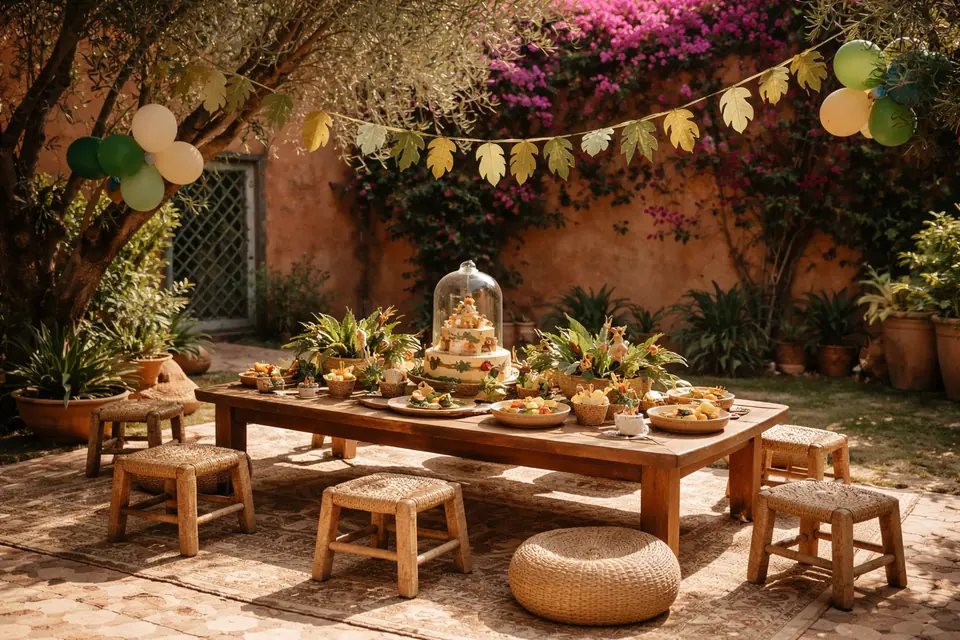 Exemple de décor d'anniversaire enfant dans un jardin, table basse et tabourets en osier