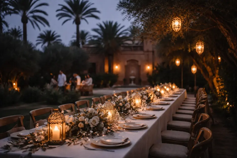 Mood example: long lantern-lit dinner table in a villa garden