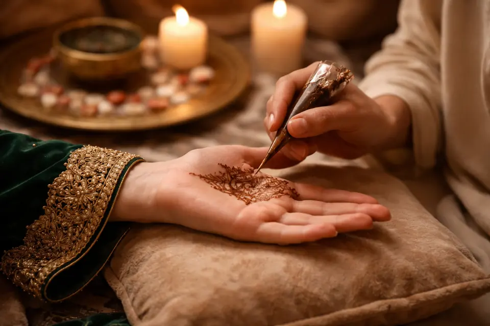 Illustration: henna artist drawing on a bride's palm