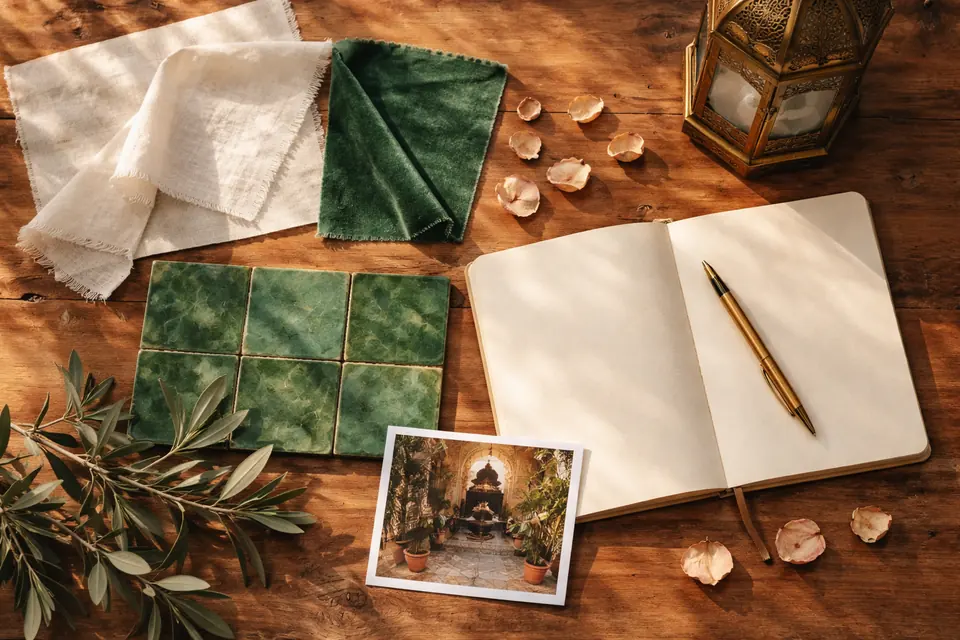 Illustration : planche d'inspiration, lin, velours émeraude et zellige vert