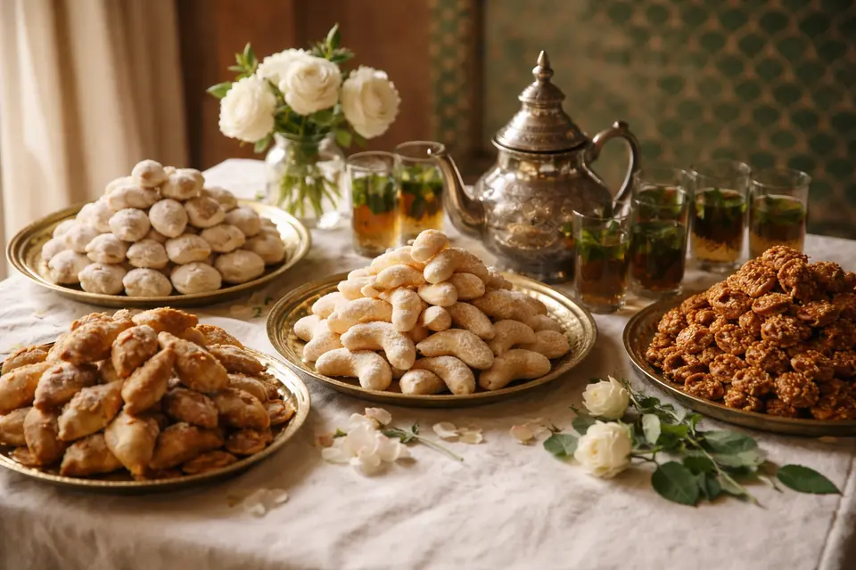 Illustration : pâtisseries marocaines et thé à la menthe sur plateaux en laiton
