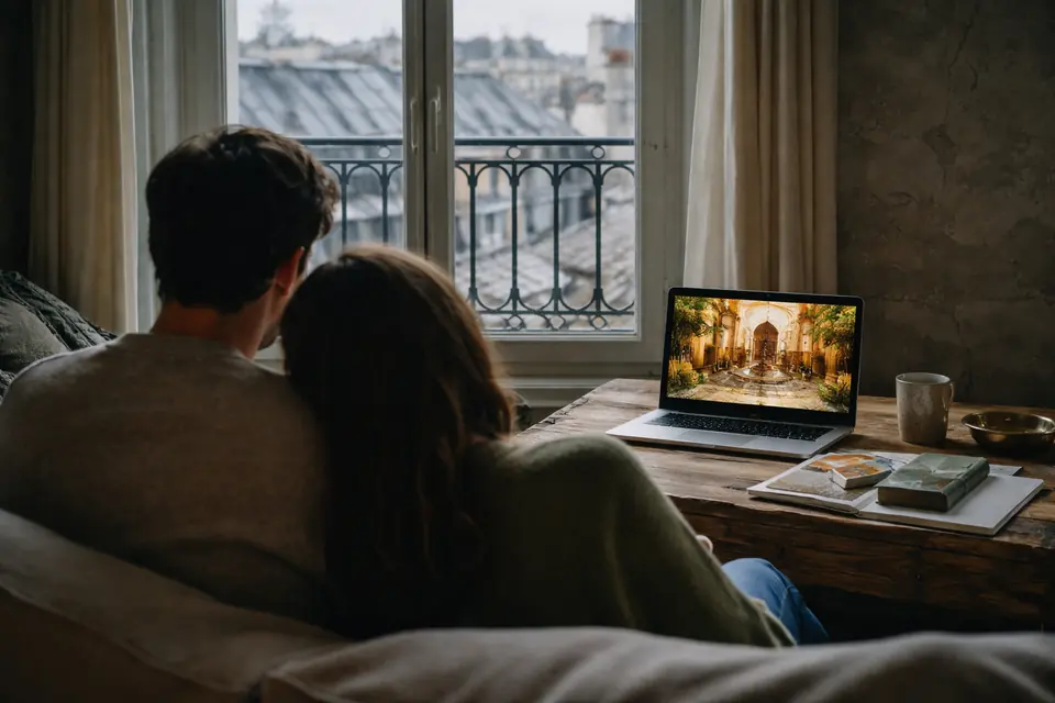 Illustration : couple de dos devant la visite vidéo d'un riad