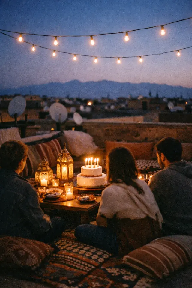 Exemple d'ambiance : dîner d'anniversaire sur un toit de la médina à l'heure bleue