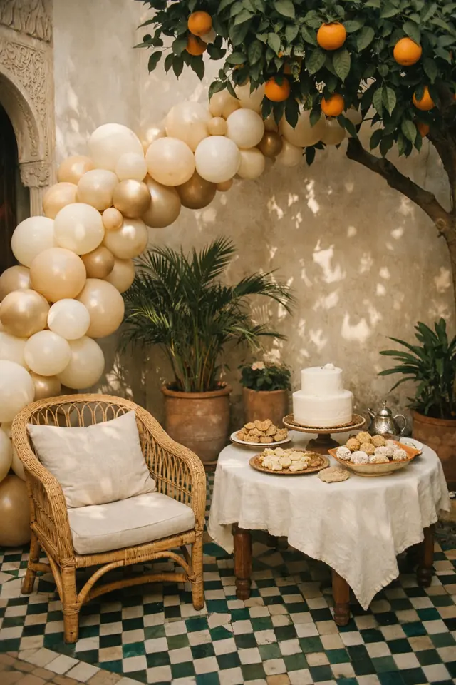 Exemple de décor de baby shower dans un patio, arche de ballons et fauteuil en rotin