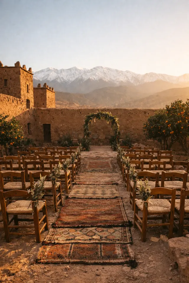 Venue example: kasbah courtyard set for a ceremony, snowy Atlas behind