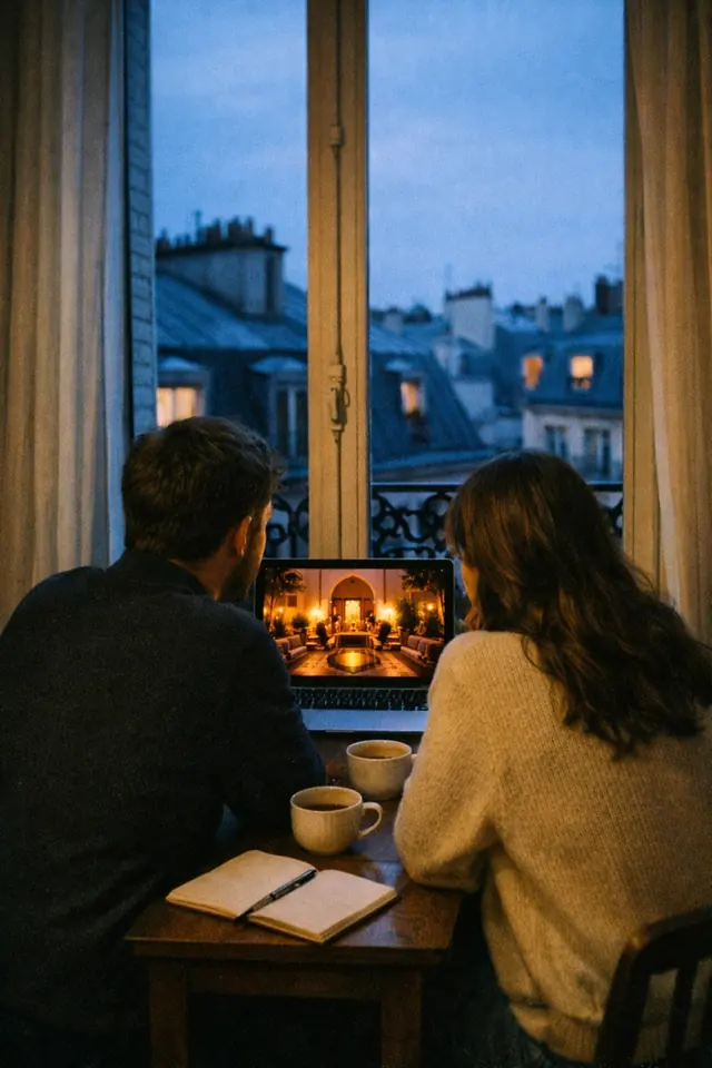 Illustration : couple de dos à Paris regardant un riad de Marrakech sur un ordinateur