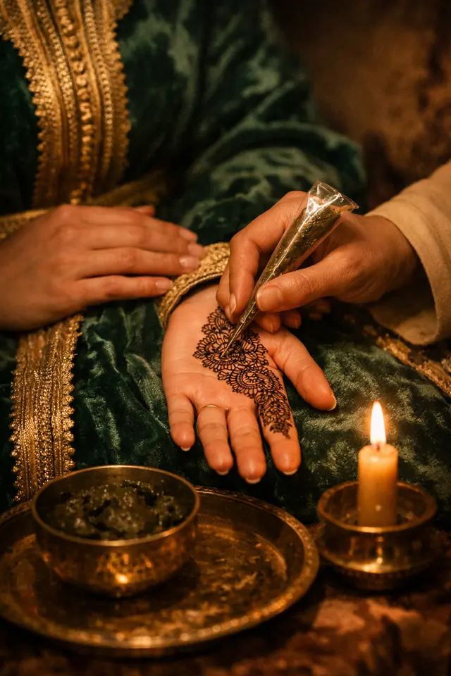 Illustration : henné dessiné au cône sur la main d'une mariée en caftan de velours vert