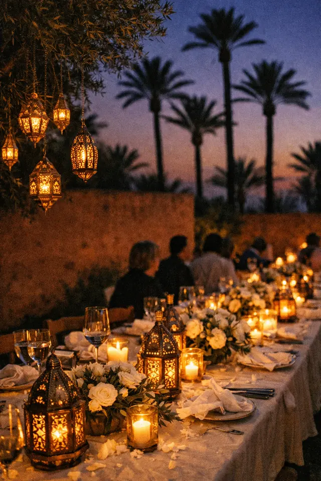 Exemple d'ambiance : dîner de fête aux lanternes dans un jardin de la Palmeraie au crépuscule