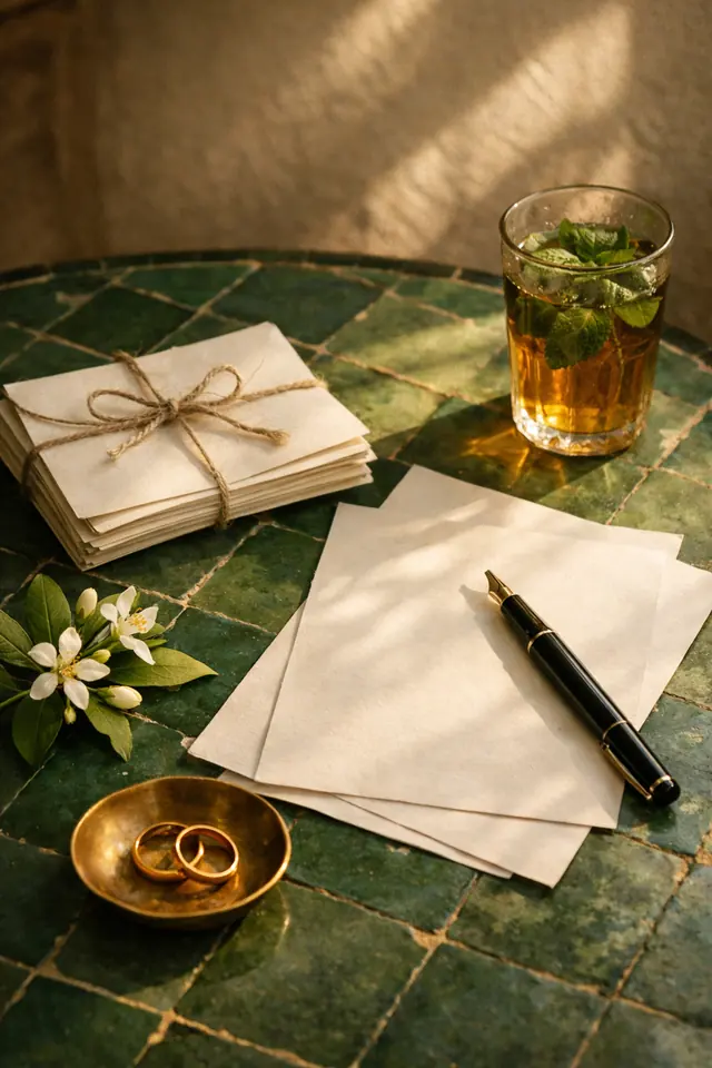 Illustration : enveloppes, stylo plume et alliances sur une table en zellige, thé à la menthe