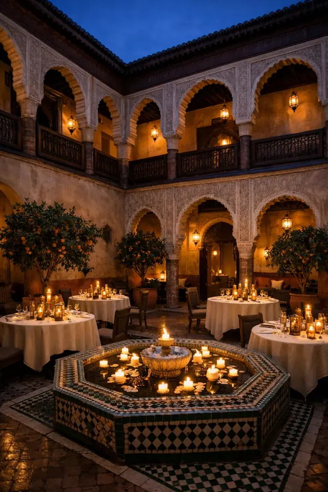 Exemple de lieu : patio de riad dressé pour un dîner, fontaine en zellige aux bougies