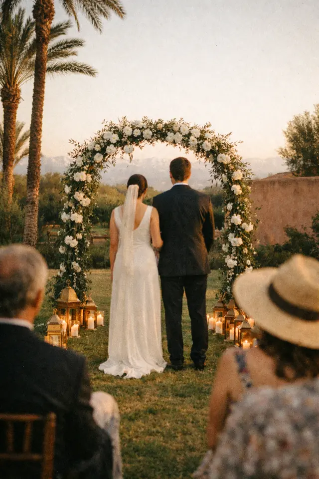 Illustration : cérémonie de mariage sous une arche fleurie dans un jardin près de Marrakech, mariés vus de dos