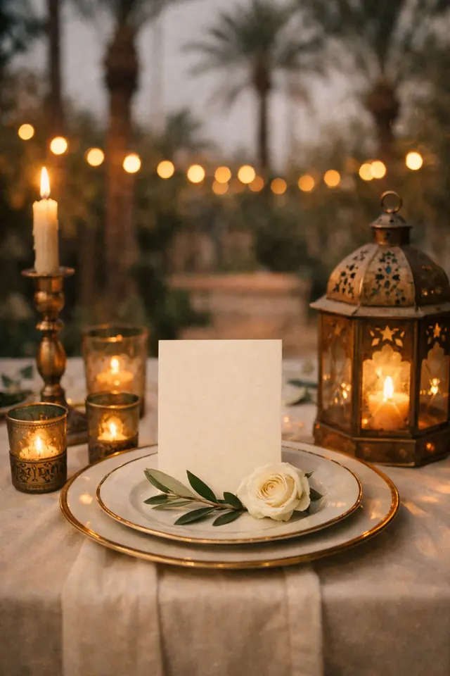Table setting example: gold-rimmed plate, white rose and lantern at dusk