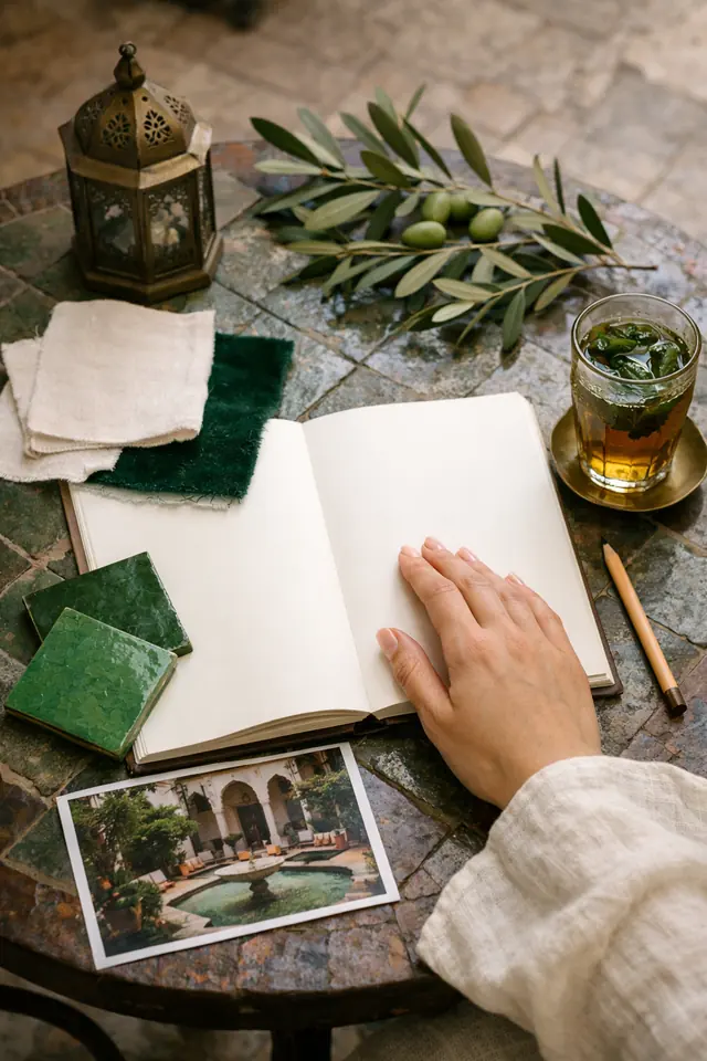 Illustration : carnet, échantillons de tissus et de zellige pour préparer un mariage