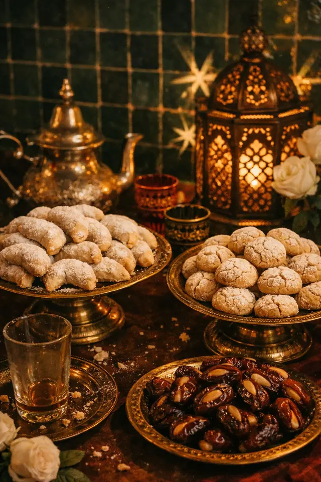Illustration : table de pâtisseries marocaines, cornes de gazelle, ghriba et dattes, sur plateaux en laiton