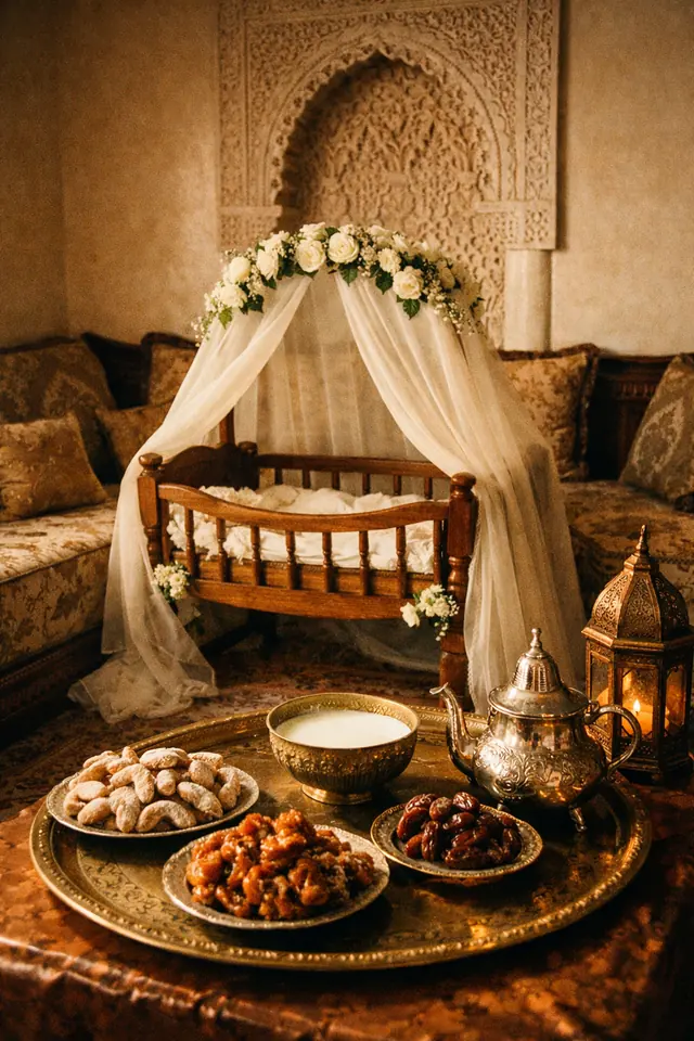 Exemple de décor de sbou3 : berceau voilé, lait et dattes dans un salon marocain