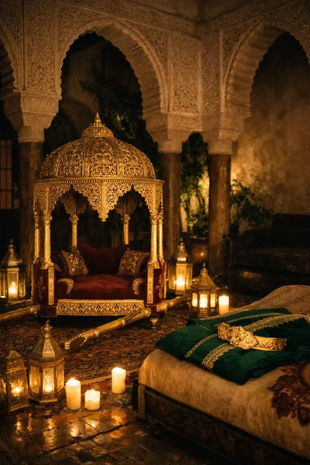 Illustration: gilded amariya in a riad courtyard, embroidered caftan and belt beside it