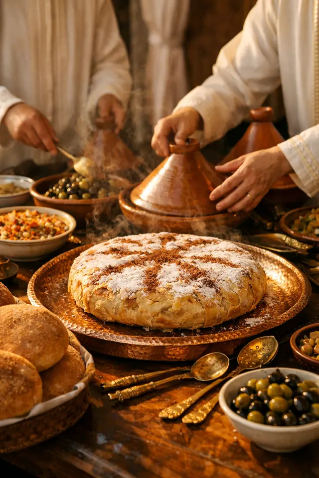 Illustration : buffet marocain, pastilla, tajines et pain sur plateaux en cuivre