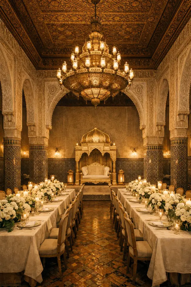 Exemple de lieu : salle de réception marocaine avec plafond en cèdre et lustre en laiton