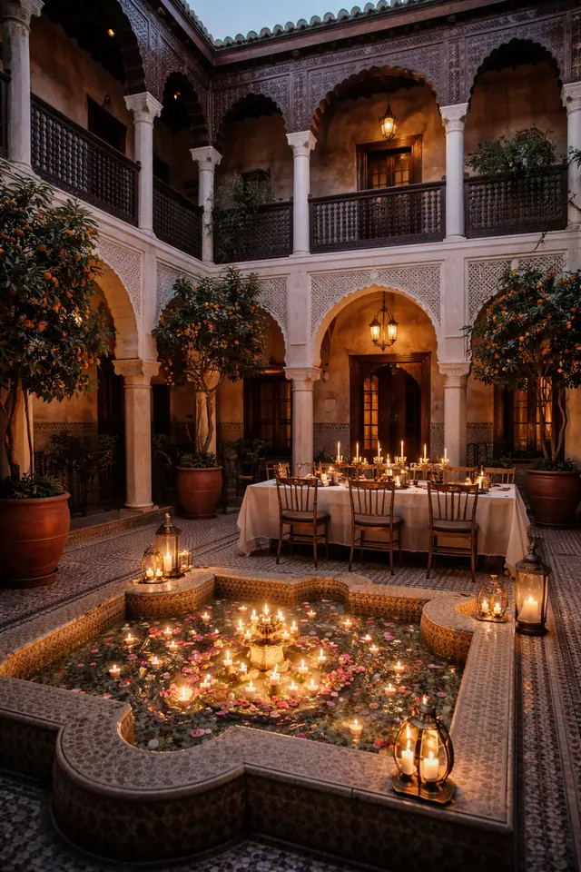 Exemple de lieu : patio de riad aux orangers, bassin fleuri de bougies
