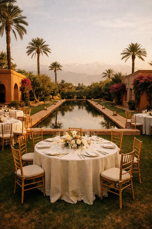 Exemple de lieu : jardin de villa de la Palmeraie avec bassin et tables rondes